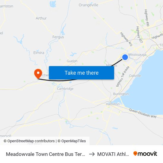 Meadowvale Town Centre Bus Terminal to MOVATI Athletic map