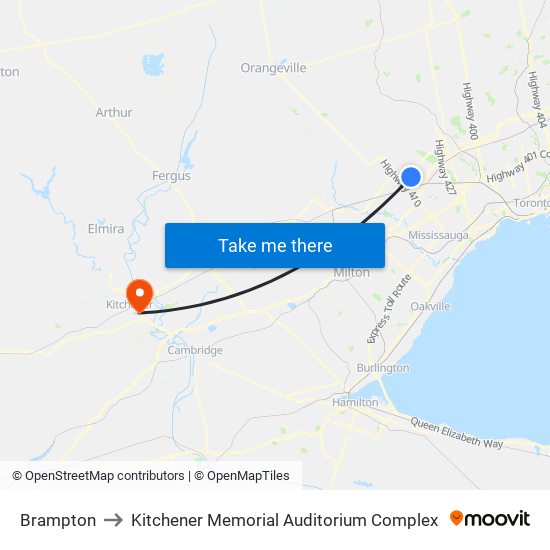 Brampton to Kitchener Memorial Auditorium Complex map