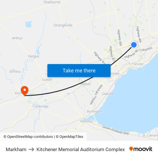 Markham to Kitchener Memorial Auditorium Complex map
