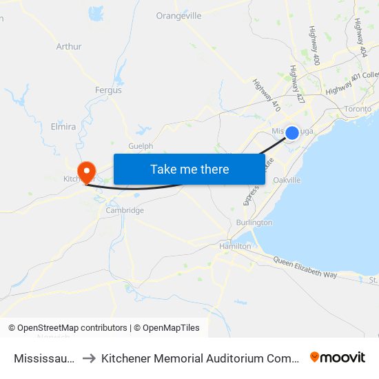 Mississauga to Kitchener Memorial Auditorium Complex map