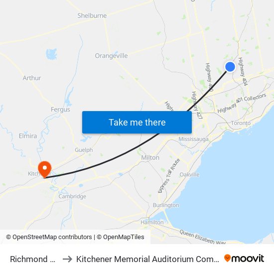 Richmond Hill to Kitchener Memorial Auditorium Complex map