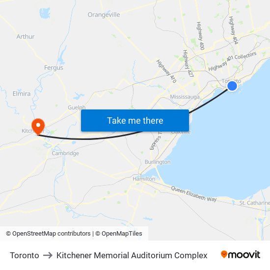 Toronto to Kitchener Memorial Auditorium Complex map
