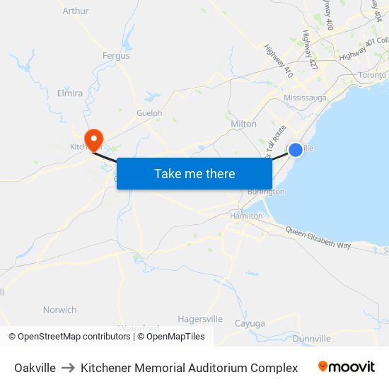 Oakville to Kitchener Memorial Auditorium Complex map