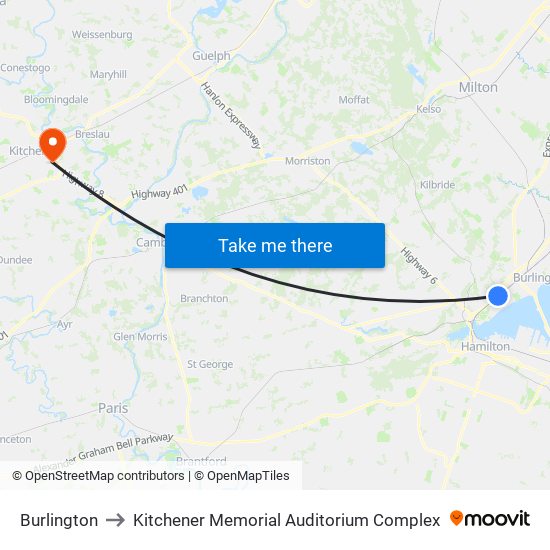 Burlington to Kitchener Memorial Auditorium Complex map