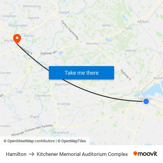 Hamilton to Kitchener Memorial Auditorium Complex map