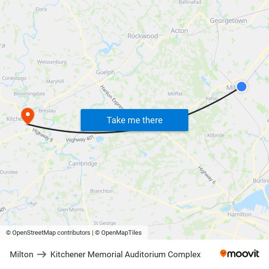 Milton to Kitchener Memorial Auditorium Complex map