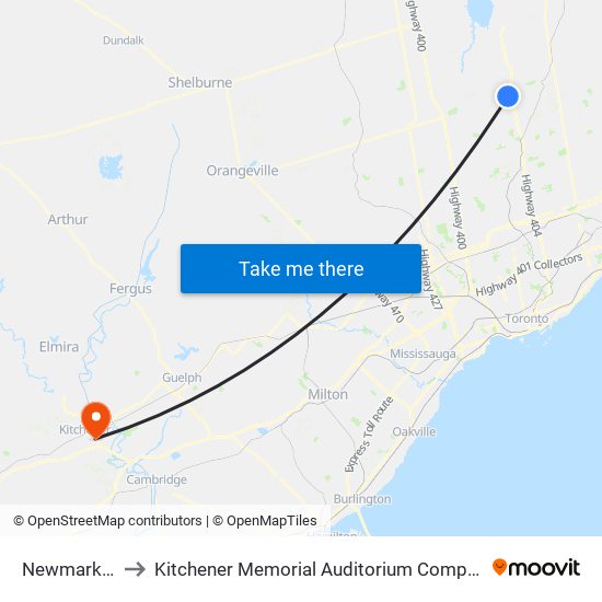 Newmarket to Kitchener Memorial Auditorium Complex map