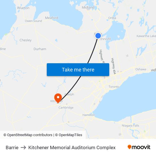Barrie to Kitchener Memorial Auditorium Complex map
