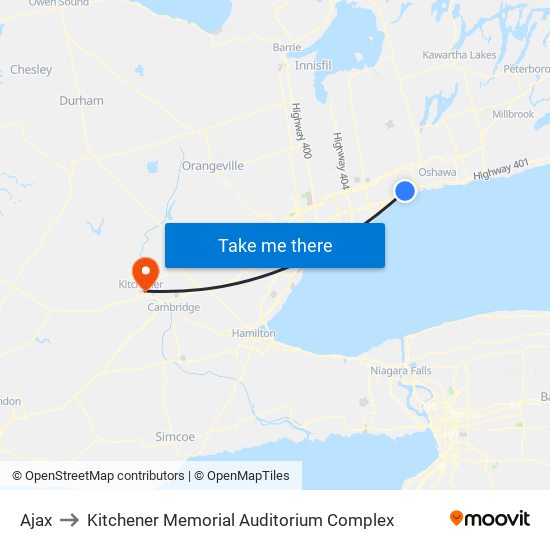 Ajax to Kitchener Memorial Auditorium Complex map