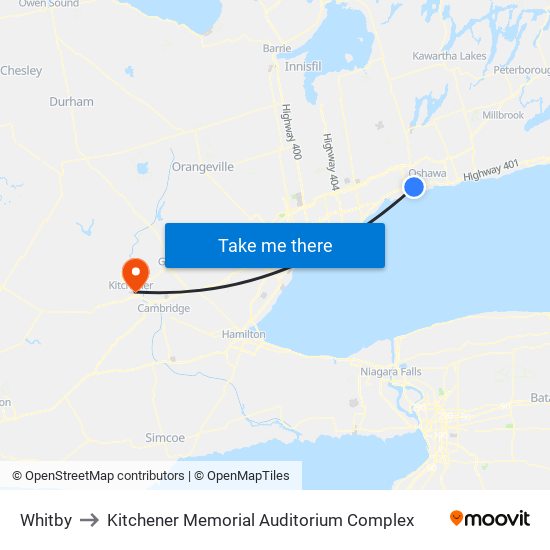 Whitby to Kitchener Memorial Auditorium Complex map