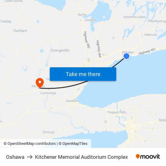 Oshawa to Kitchener Memorial Auditorium Complex map