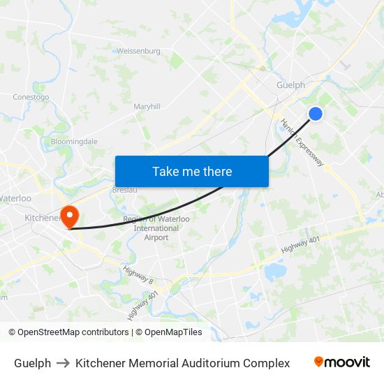 Guelph to Kitchener Memorial Auditorium Complex map