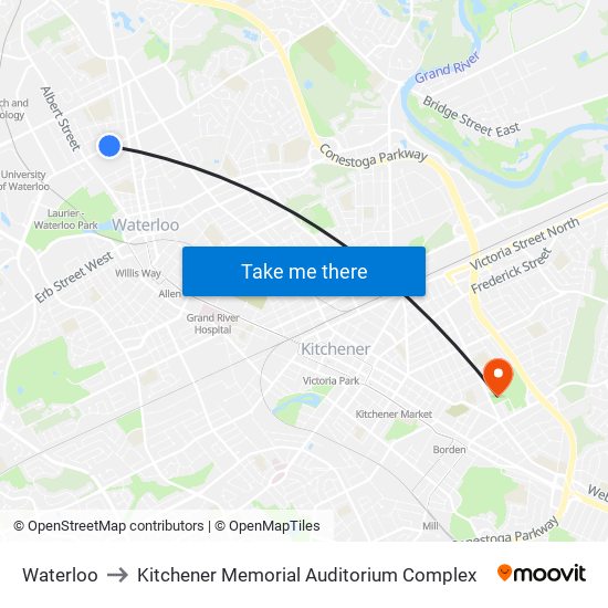 Waterloo to Kitchener Memorial Auditorium Complex map