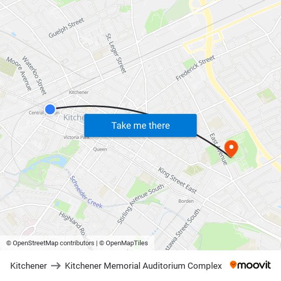 Kitchener to Kitchener Memorial Auditorium Complex map
