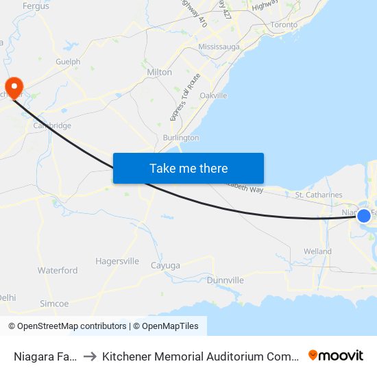 Niagara Falls to Kitchener Memorial Auditorium Complex map