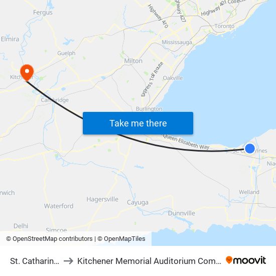 St. Catharines to Kitchener Memorial Auditorium Complex map