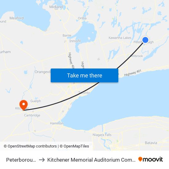 Peterborough to Kitchener Memorial Auditorium Complex map