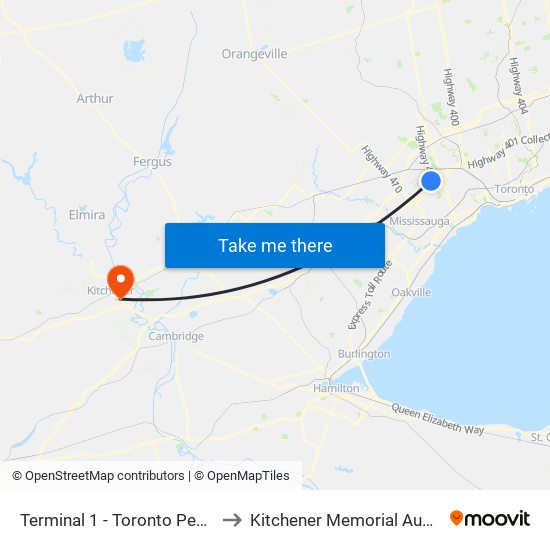 Terminal 1 - Toronto Pearson Int'L Airport to Kitchener Memorial Auditorium Complex map