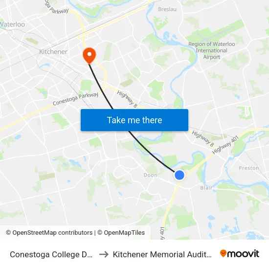Conestoga College Doon Campus to Kitchener Memorial Auditorium Complex map