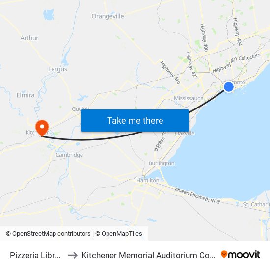 Pizzeria Libretto to Kitchener Memorial Auditorium Complex map