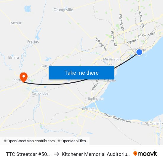 TTC Streetcar #501 Queen to Kitchener Memorial Auditorium Complex map