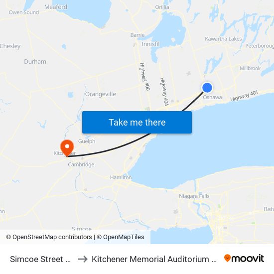 Simcoe Street North to Kitchener Memorial Auditorium Complex map