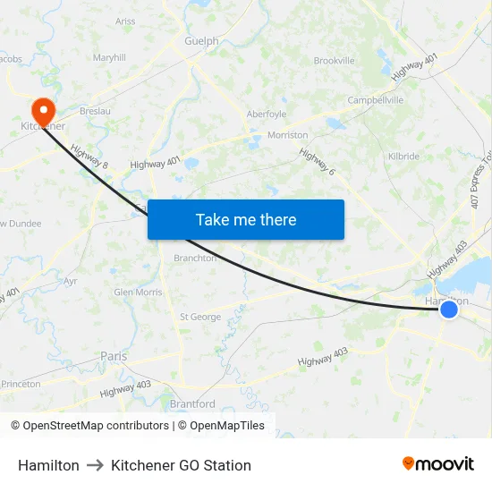 Hamilton to Kitchener GO Station map