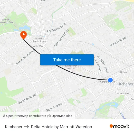 Kitchener to Delta Hotels by Marriott Waterloo map