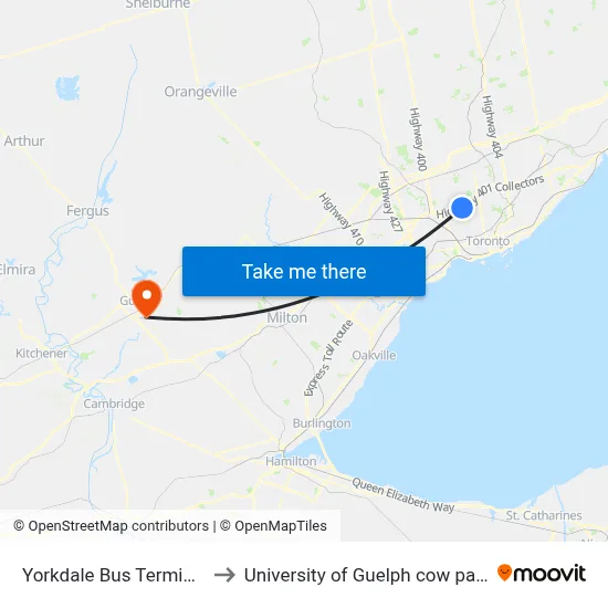 Yorkdale Bus Terminal to University of Guelph cow path map