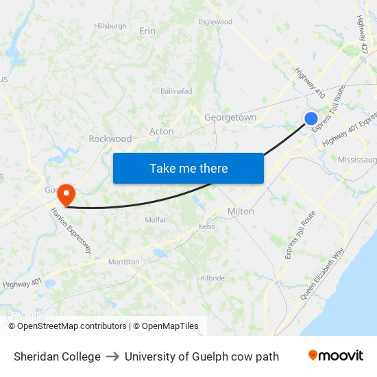 Sheridan College to University of Guelph cow path map