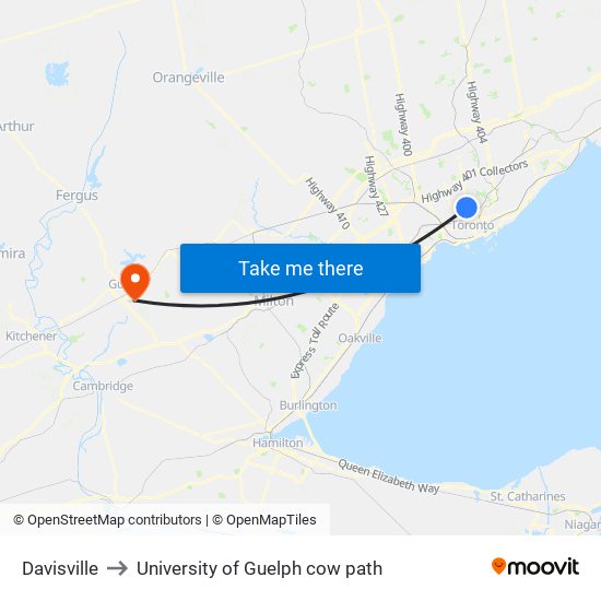 Davisville to University of Guelph cow path map