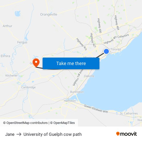 Jane to University of Guelph cow path map