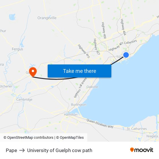 Pape to University of Guelph cow path map