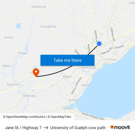 Jane St / Highway 7 to University of Guelph cow path map