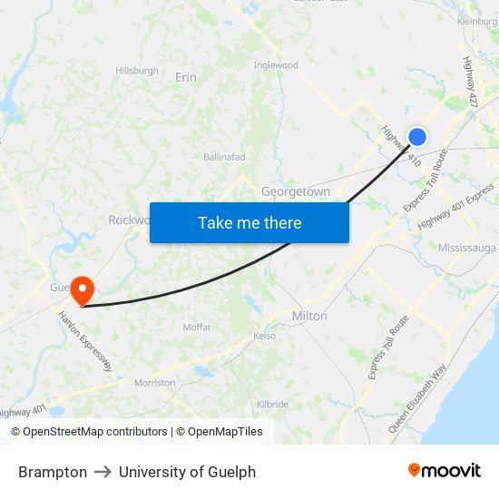 Brampton to University of Guelph map
