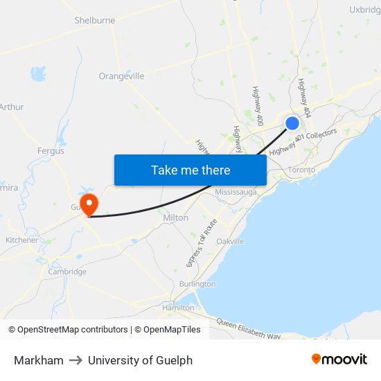 Markham to University of Guelph map