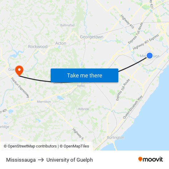 Mississauga to University of Guelph map