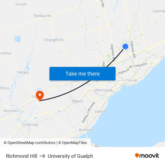 Richmond Hill to University of Guelph map