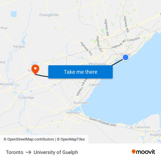 Toronto to University of Guelph map