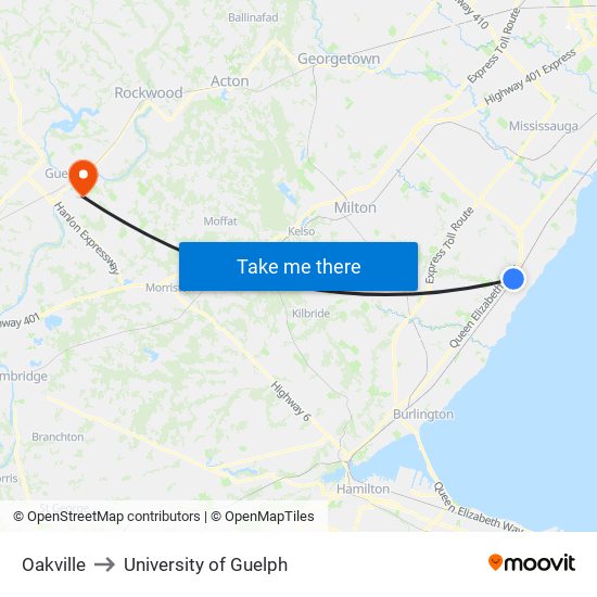 Oakville to University of Guelph map