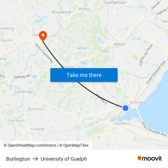 Burlington to University of Guelph map