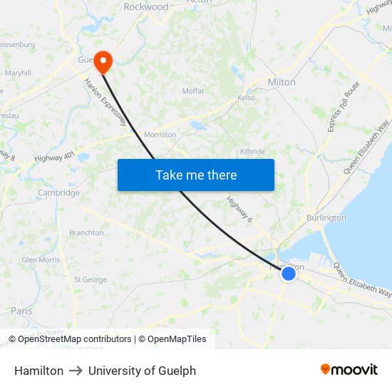 Hamilton to University of Guelph map