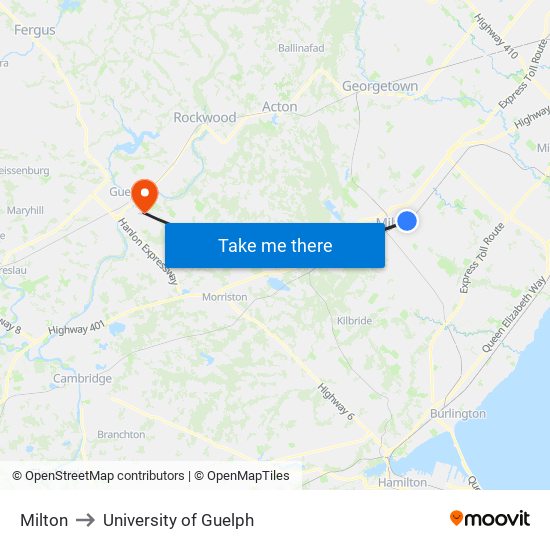 Milton to University of Guelph map