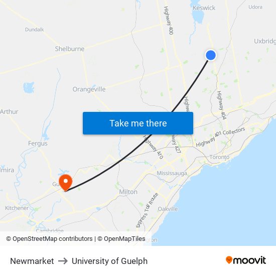 Newmarket to University of Guelph map