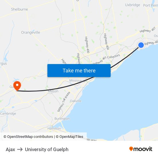 Ajax to University of Guelph map