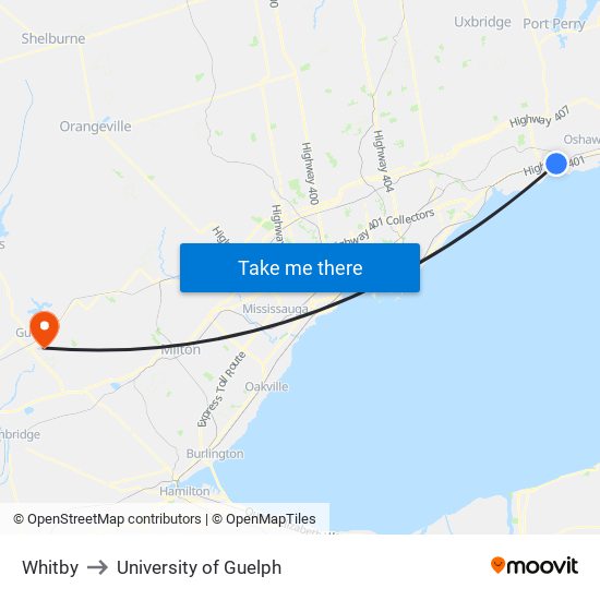 Whitby to University of Guelph map