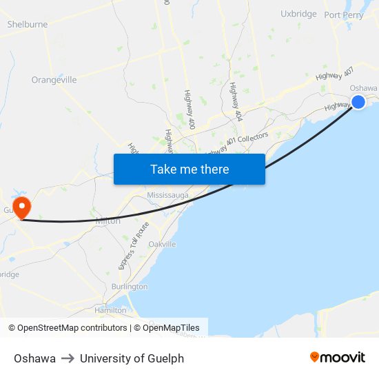 Oshawa to University of Guelph map