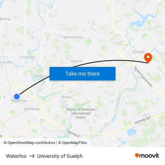Waterloo to University of Guelph map