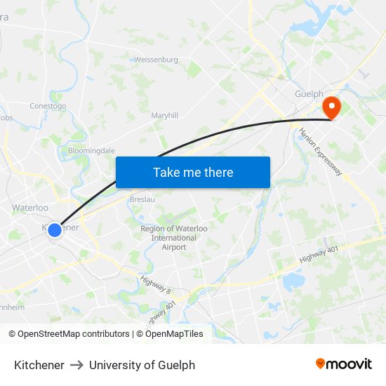 Kitchener to University of Guelph map
