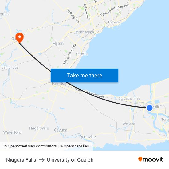 Niagara Falls to University of Guelph map